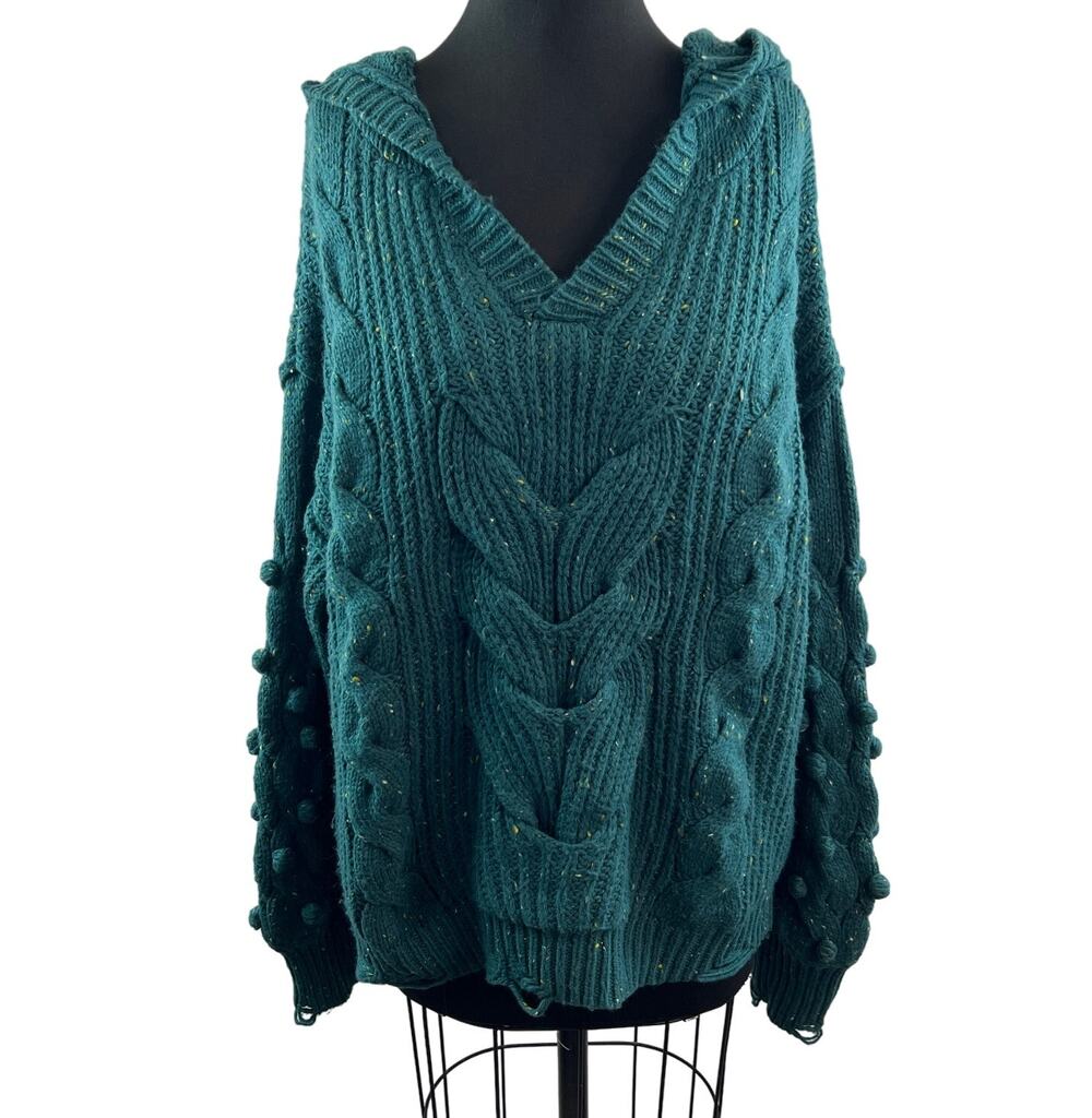 WILDFOX Pattie Green Sweater Chunky Knit V-Neck Hood Raglan Sleeve Size Large L